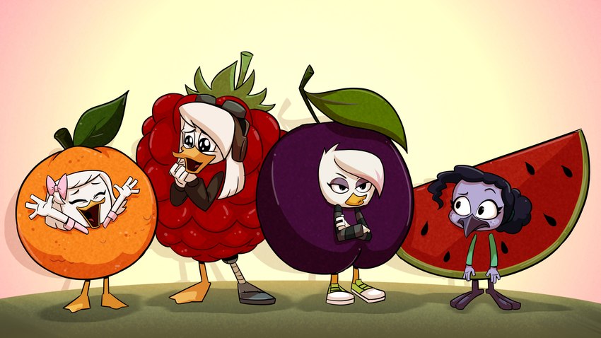 anthro clothing costume eyewear eyewear_on_head female food food_costume freckles fruit goggles goggles_on_head group melon orange_(fruit) orange_costume plant plum_(fruit) plum_costume raspberry raspberry_costume vanderquack watermelon watermelon_costume webby khionyohannmendoza disney ducktales ducktales_(2017) della della_duck lena lena_(ducktales) sabrewing violet_sabrewing webby_vanderquack anatid anseriform apodiform avian bird duck hummingbird 16:9 4k absurd_res hi_res widescreen