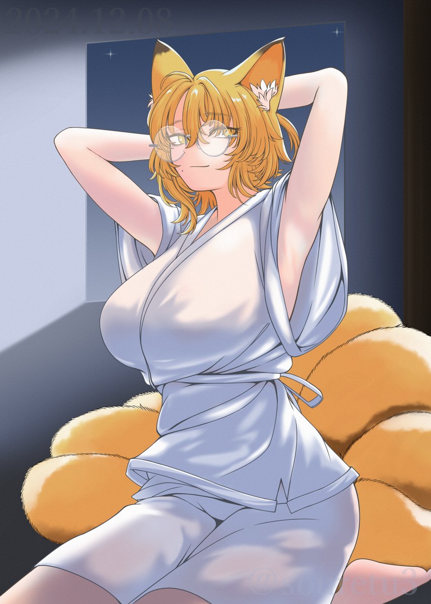 asian_clothing big_breasts biped blonde_hair bottomwear breasts brown_body brown_ear_tips brown_ears brown_fur clothed clothing detailed_background dipstick_ears ear_markings east_asian_clothing eyelashes eyewear female female_humanoid fluffy fluffy_tail front_view fully_clothed fur glasses hair hands_behind_head huge_breasts inner_ear_fluff inside japanese_clothing light light_body light_skin looking_at_viewer markings mole_(marking) monotone_hair multi_tail multicolored_body multicolored_ears multicolored_fur night orange_body orange_ears orange_eyes orange_fur pajamas pale_skin pupils sitting sky slit_pupils smile solo star starry_sky tail three-quarter_view topwear tuft two_tone_body two_tone_fur white_bottomwear white_clothing white_inner_ear_fluff white_topwear window yukata soretsu_nitohei touhou ran_yakumo animal_humanoid canid canid_humanoid canine canine_humanoid fox_humanoid humanoid mammal mammal_humanoid 2024 alternate_version_at_source colored digital_media_(artwork) hi_res lighting portrait shaded three-quarter_portrait