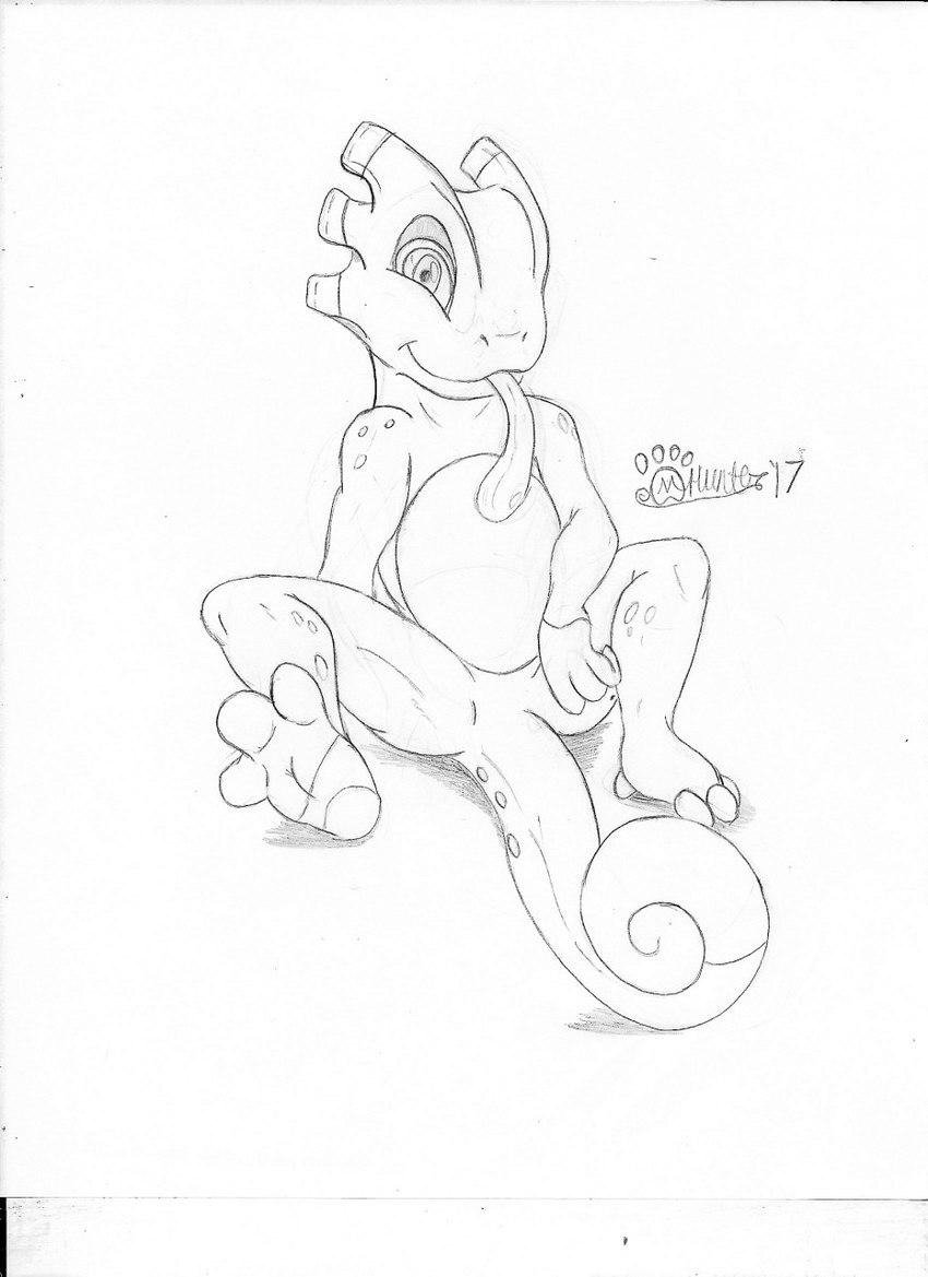 anthro curled_tail long_tongue looking_at_viewer male nude scales sitting solo spread_legs spreading tail tail_between_legs tongue tongue_out wide_eyed marcushunter playtonic_games yooka-laylee yooka chameleon lizard reptile scalie 2017 hi_res monochrome signature