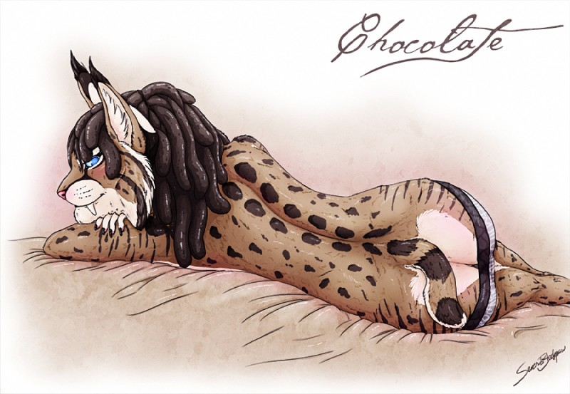 ambiguous_gender anthro biped blue_eyes blush butt clothing dreadlocks fangs looking_at_viewer looking_back lying panties sabertooth_(anatomy) solo teeth underwear oliverfox chocolate_(oliverfox) felid mammal prehistoric_species saber-toothed_tiger