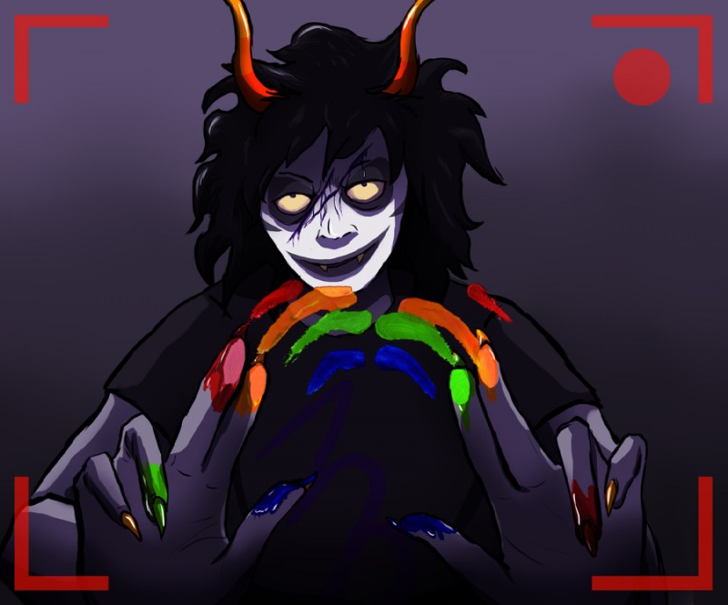 blood bodily_fluids camera_view horn looking_at_viewer male not_furry paint rainbow rainbow_arch recording solo unknown_artist homestuck ms_paint_adventures gamzee_makara alien alien_humanoid horned_humanoid humanoid troll_(homestuck)