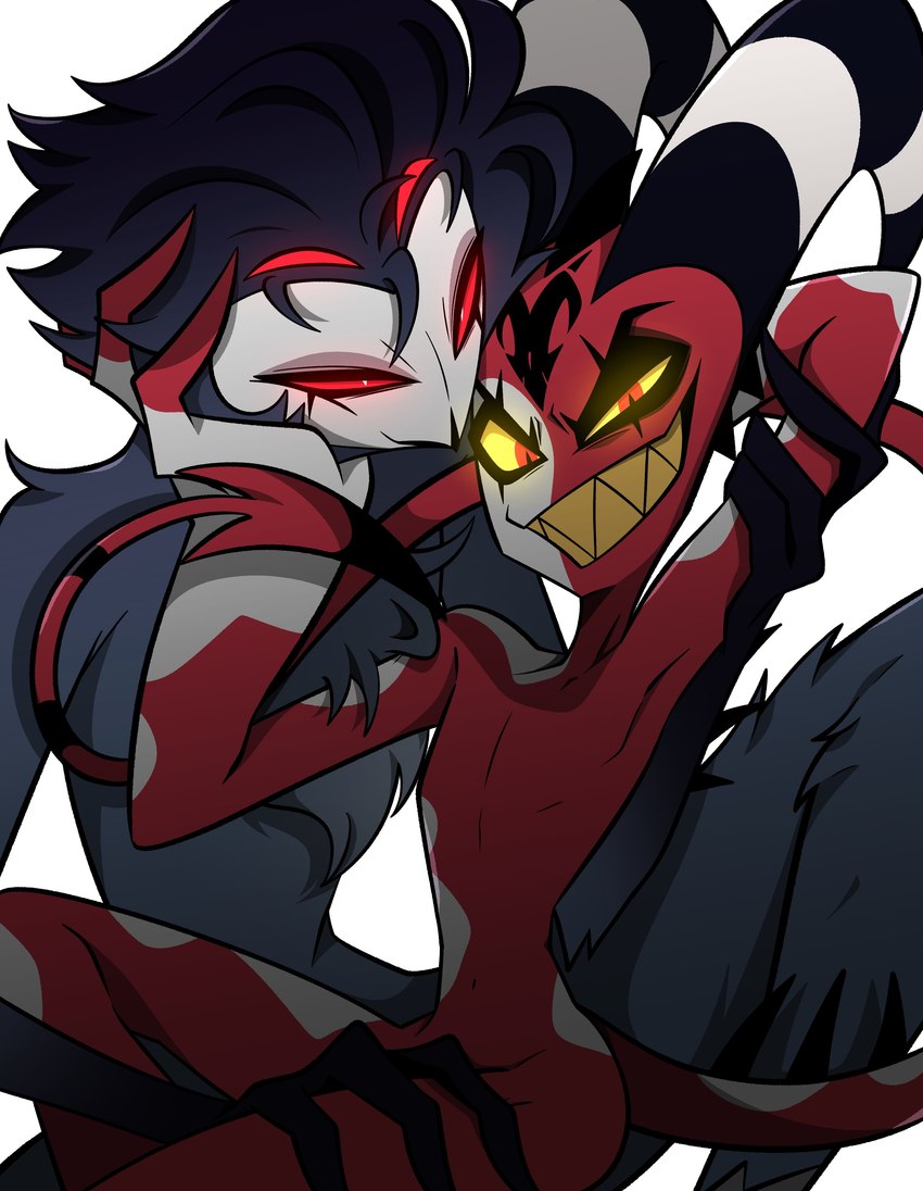 anthro arm_grab beak big_horn duo feathers femboy fluffy fluffy_chest glowing glowing_eyes grabbing_head horn leg_grab looking_at_viewer male male/male multi_eye multicolored_body multicolored_skin narrowed_eyes nude raised_arm red_body red_eyes sharp_teeth slim smile smiling_at_viewer spade_tail tail teeth thigh_grab white_body white_skin yellow_sclera paldobeobe59670 helluva_boss blitzo_(helluva_boss) stolas_(helluva_boss) avian bird demon imp owl owl_demon absurd_res hi_res