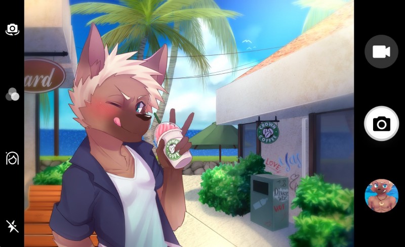 anthro blush camera_view frappuccino gesture hand_gesture kemono male one_eye_closed solo tongue tongue_out v_sign wink manadezimon starbucks canid canine mammal e621_post_recursion hi_res