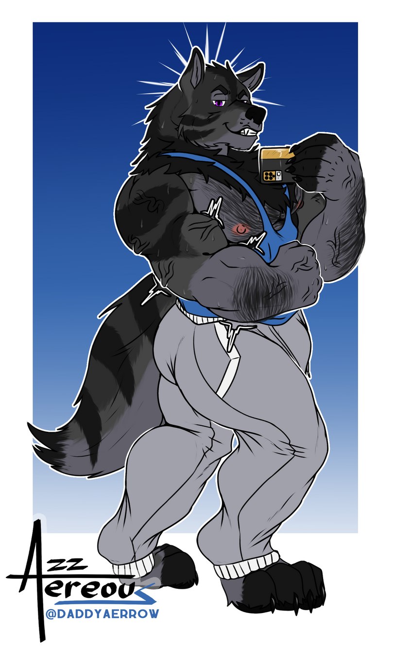 anthro biceps black_body black_fur bodily_fluids body_hair bottomwear camera chest_hair clothing digitigrade fur male pants pose purple_eyes smile smirk solo sweat sweatpants aereous alex_nightmurr canid canine canis mammal wolf absurd_res hi_res story story_in_description