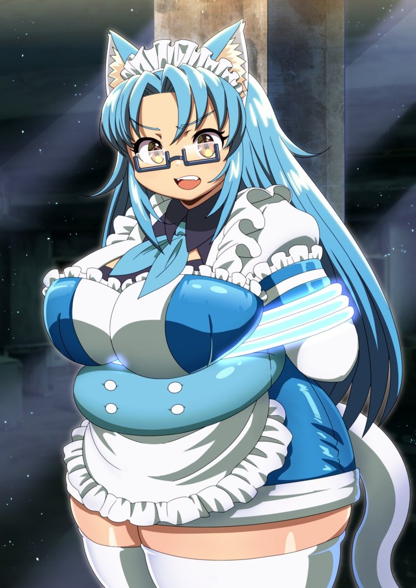 apron arms_tied big_breasts blue_clothing blue_hair bound breasts clothing eyewear female glasses hair looking_at_viewer maid_headdress maid_uniform open_mouth overweight rectangular_glasses solo tail thick_thighs uniform white_apron white_clothing plushifications animal_humanoid cat_humanoid felid felid_humanoid feline feline_humanoid humanoid mammal mammal_humanoid 2024 digital_media_(artwork) hi_res