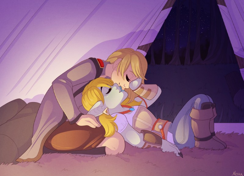 blonde_hair camping clothed clothing duo eyes_closed female female/female green_body green_skin hair human_on_humanoid interspecies kissing not_furry orange_hair romantic romantic_ambiance romantic_couple size_difference tent strawberryneko runescape shion_(mileymouse) zanik goblin human humanoid mammal 2017 colored