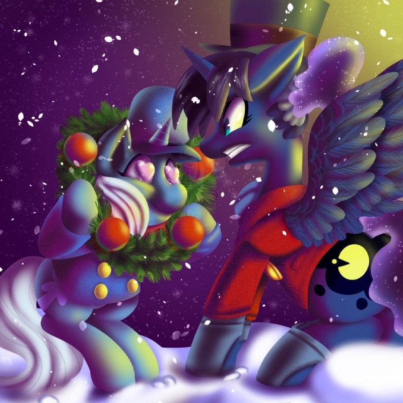 alternate_hairstyle angry cutie_mark duo feathered_wings feathers female female/female feral heart_symbol holidays horn outside simple_background snow what wings fauxsquared a_christmas_carol bandai_namco christmas friendship_is_magic hasbro my_little_pony mythology pac-man_(series) fan_character pac-man princess_luna_(fauxsquared) trixie_(mlp) equid equine mammal mythological_creature mythological_equine unicorn winged_unicorn 1:1 crossover digital_media_(artwork)