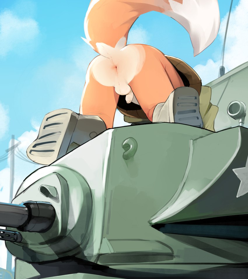 anthro anus army army_uniform balls blue_sky bottomless clothed clothing detailed_background flaccid genitals humanoid_genitalia humanoid_penis male partially_clothed penis sky solo tail tank_(vehicle) vehicle young young_anthro yupa tycloud canid canine fox mammal 2023 hi_res