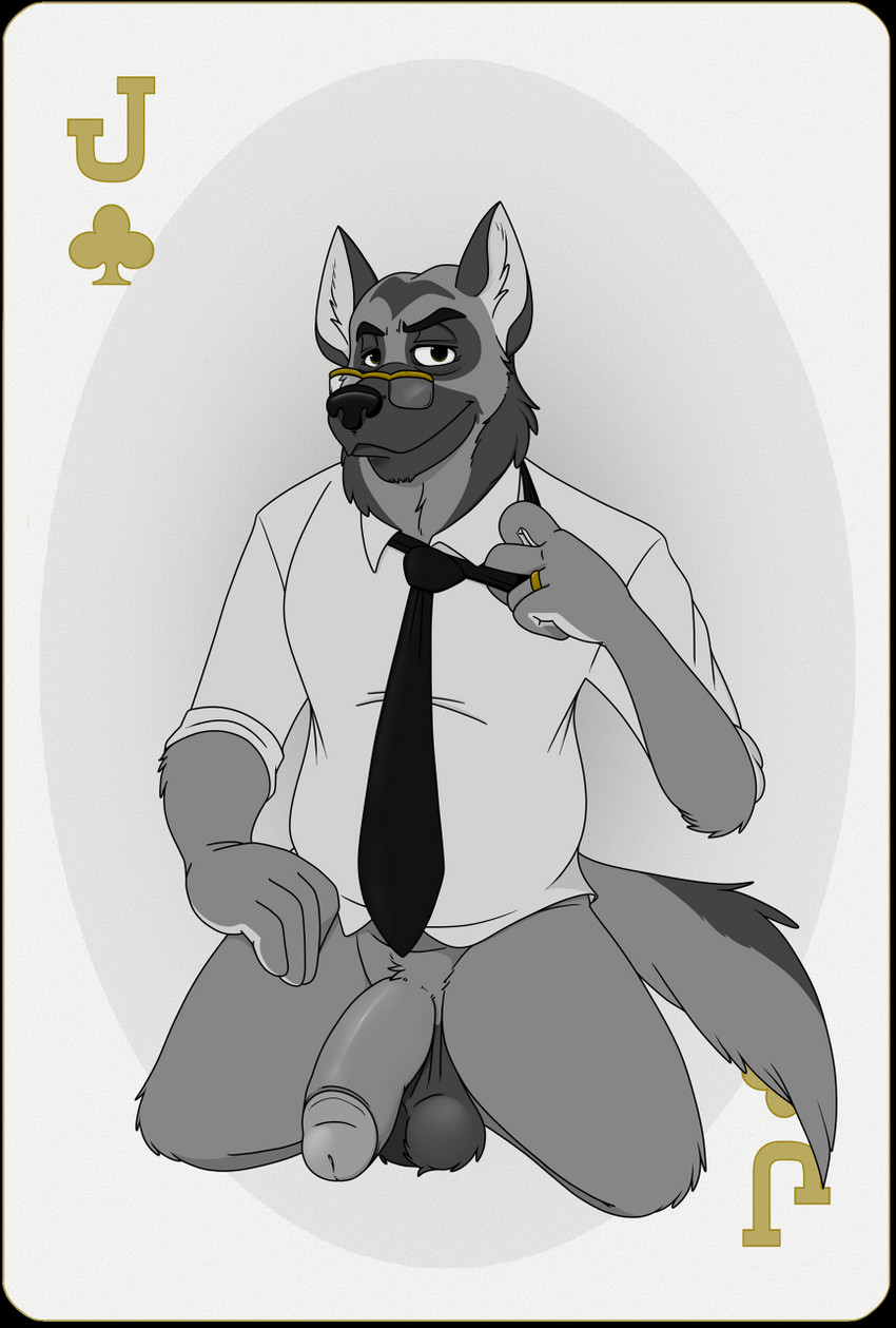 anthro balls belly big_penis card card_template circumcised clothed clothing clubs_(suit) eyewear flaccid fur genitals glasses half-closed_eyes humanoid_genitalia humanoid_penis jack_of_clubs looking_at_viewer male narrowed_eyes necktie penis playing_card playing_card_template saggy_balls shirt simple_background slightly_chubby smile solo suit_symbol topwear neenya blacksad chief_smirnov canid canine canis domestic_dog german_shepherd herding_dog mammal pastoral_dog hi_res restricted_palette