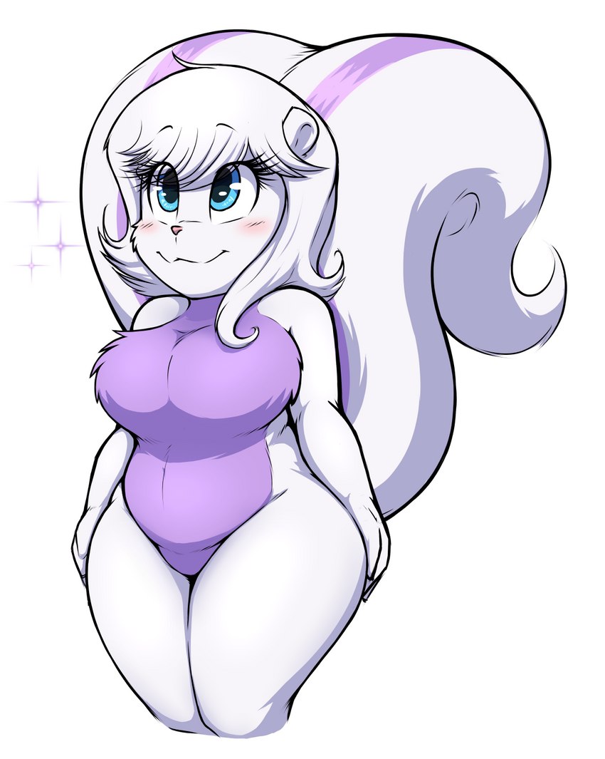 anthro big_tail blush breasts featureless_breasts featureless_crotch female nude short_stack simple_background solo sparkles tail thick_thighs denzeltip coco_scent_(henrietta_lamb) mammal mephitid skunk striped_skunk 2022 hi_res