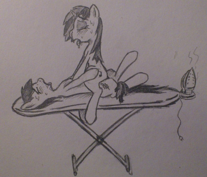 blush bodily_fluids clothes_iron cord duo elevated eyes_closed female feral hooves horn ironing_board male male/female saliva sex sweat tongue almar friendship_is_magic hasbro my_little_pony fan_character vinyl_scratch_(mlp) equid equine horse mammal pony