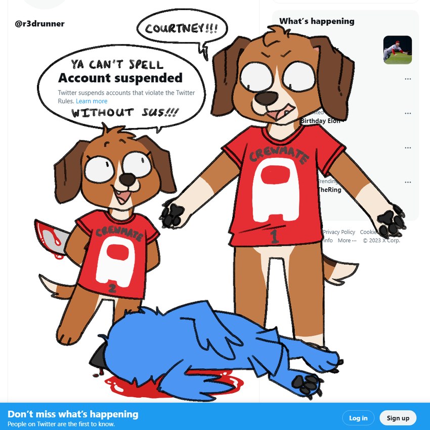 anthro blood bodily_fluids bottomless clothed clothing dialogue duo female knife male male/female shirt text topwear violence r3drunner among_us family_guy_death_pose innersloth courtney_(r3drunner) logan_(r3drunner) twitter_bird beagle canid canine canis domestic_dog hunting_dog mammal scent_hound 1:1 english_text meme