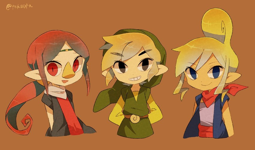 beak blonde_hair clothing female group hair humanoid_pointy_ears light_body light_skin looking_at_viewer male pointy_ears red_hair simple_background smile trio tokuura nintendo the_legend_of_zelda wind_waker medli pirate_leader_tetra toon_link animal_humanoid avian avian_humanoid humanoid hylian rito rito_humanoid signature