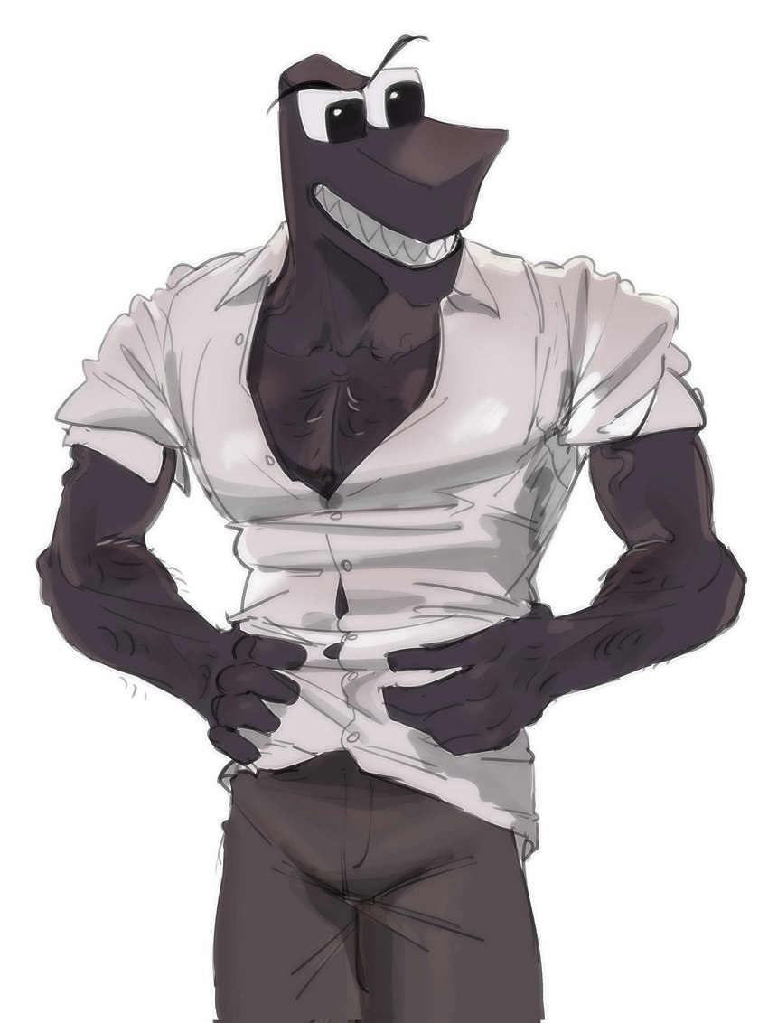 arm_hair body_hair bottomwear chest_hair clothed clothing dress_shirt fully_clothed hands_on_hips male muscular muscular_male pants sharp_teeth shirt snout solo teeth tight_clothing topwear kogito alphabet_(mike_salcedo) f_(mike_salcedo) animate_inanimate humanoid hi_res