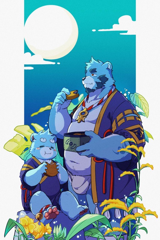 asian_clothing belly blue_body blue_fur bulge clothing duo east_asian_clothing eating eyes_closed fundoshi fur humanoid_hands japanese_clothing male moobs navel outside overweight overweight_male robe sitting underwear young wolfsoul bonasiah full_attack sophring_hao sophring_jie bear mammal 2019 2:3 hi_res