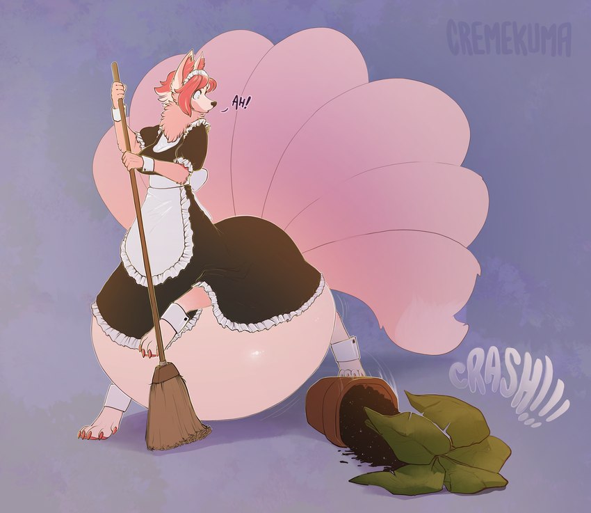 7_tails belly big_belly broom cleaning_tool clothing female hair huge_belly maid_headdress maid_uniform multi_tail paws pink_body pink_hair plant plant_pot potted_plant pregnant pregnant_female pregnant_taur solo tail uniform cremekuma canid canid_taur canine canine_taur fox fox_taur mammal mammal_taur taur absurd_res hi_res