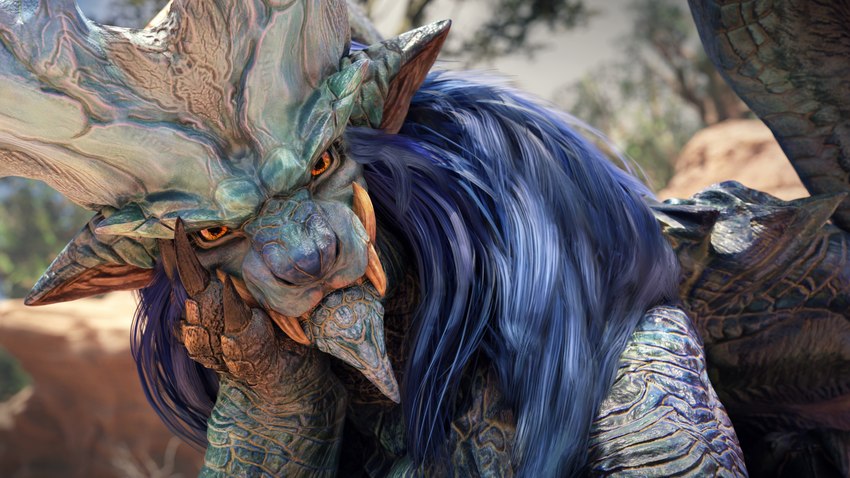 blue_body blue_hair blue_scales claws desert detailed_background facial_hair fangs female feral hair hand_on_head horn looking_at_viewer mane mane_hair orange_eyes outside plant rock scales sharp_teeth sideburns solo teeth tree tuft ivorylagiacrus capcom monster_hunter elder_dragon lunastra scalie 16:9 2023 3d_(artwork) 4k absurd_res digital_media_(artwork) hi_res portrait widescreen