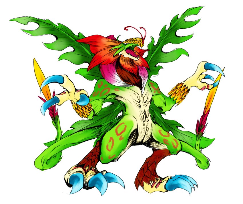 anthro claws duo flower green_body green_scales leaf pistil plant roaring scales solo standing kazu_kajito bandai_namco digimon mythology digimon_(species) dragon elemental_creature flora_fauna monster mythological_creature mythological_scalie scalie toropiamon hi_res