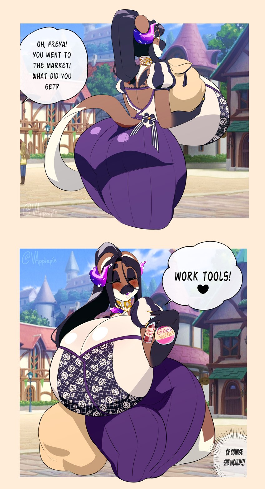 anthro black_hair female hair horn hyper ponytail potion purple_horn solo text vapplepie freya_(vapplepie) demon mammal mustelid musteline true_musteline weasel absurd_res english_text hi_res