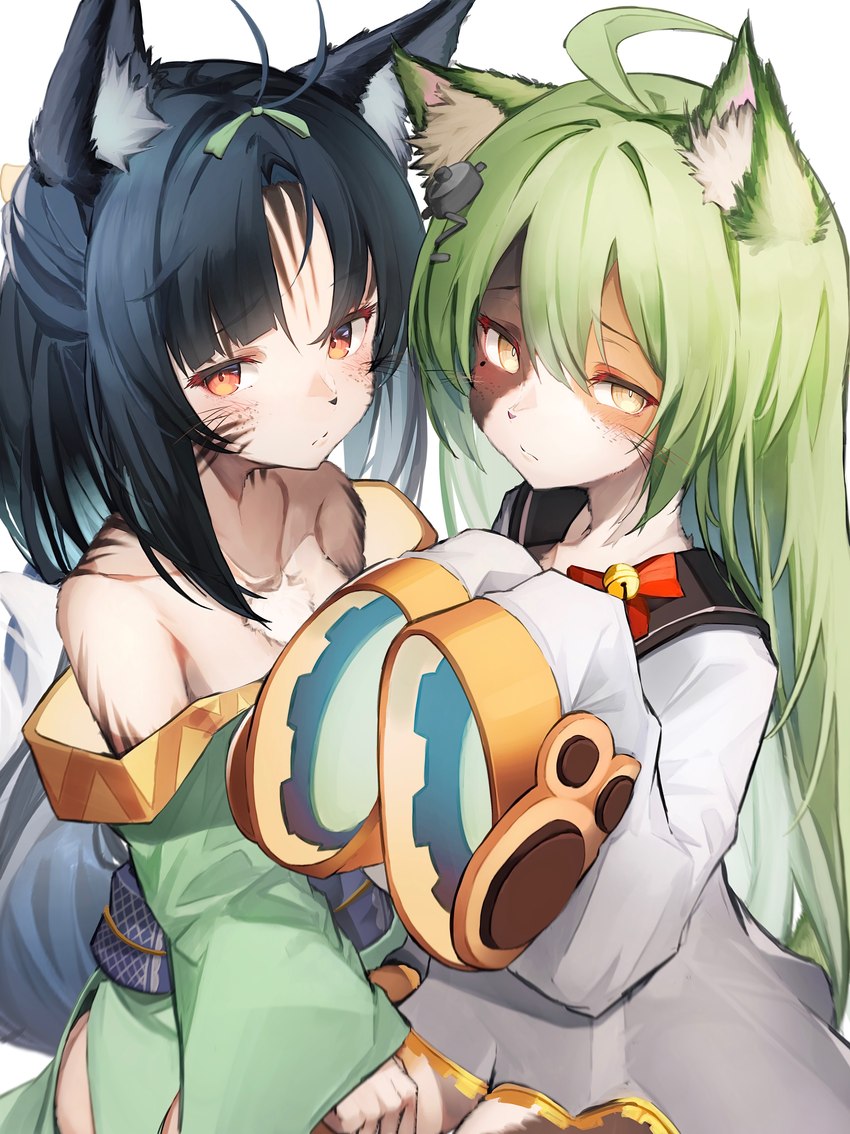 5_fingers accessory ahoge anthro black_body black_fur black_hair black_nose blush brown_body brown_fur chest_tuft clothed clothing duo facial_markings female female_anthro fingers fluffy freckles fur green_body green_fur green_hair hair hair_accessory head_markings inner_ear_fluff kemono long_hair long_sleeves looking_at_viewer markings mottled multicolored_body multicolored_fur off_shoulder orange_eyes oversized_clothing piebald pink_nose tan_body tan_fur tuft whiskers white_body white_fur yellow_eyes tabhead azur_lane akashi_(azur_lane) calico_cat domestic_cat felid feline felis mammal 2021 absurd_res character_request digital_media_(artwork) hi_res