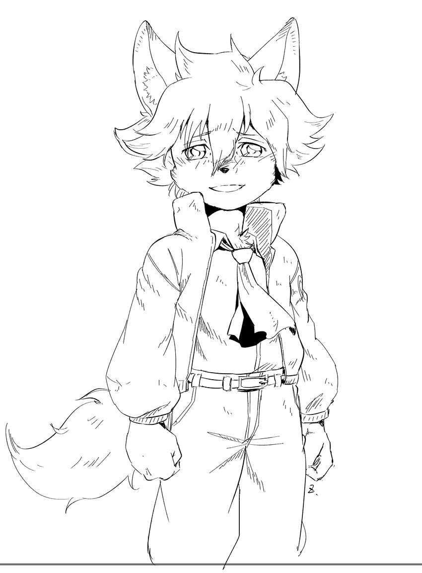 anthro ascot clothing jacket kemono male solo topwear young zettdot cyberconnect2 fuga:_melodies_of_steel little_tail_bronx malt_marzipan canid canine caninu canis domestic_dog mammal absurd_res hi_res line_art monochrome