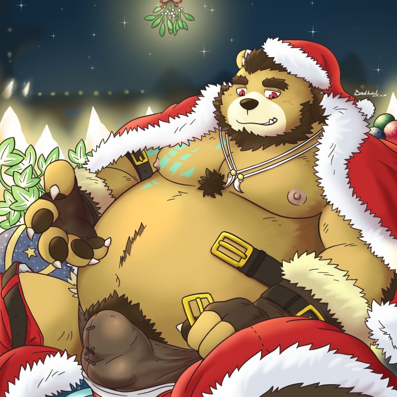 anthro belly bottomwear brown_body brown_fur bulge christmas_clothing christmas_headwear clothing cute_fangs fangs fur hat headgear headwear holidays male moobs navel night nipples outside overweight overweight_anthro overweight_male pants pubes santa_hat solo teeth underwear mtflying30371 christmas santa_claus bear mammal 1:1 2019 hi_res