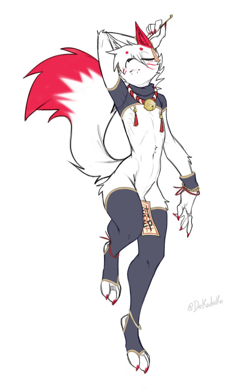 4_toes 5_fingers anklet anthro bell bell_collar bent_arm biped black_clothing black_legwear black_thigh_highs black_topwear bracelet claws clothing collar crop_top digit_ring digitigrade dipstick_tail eyes_closed facial_markings feet femboy finger_claws finger_ring fingers footwear front_view fur genitals hair hair_over_eye hand_behind_head head_markings jewelry kiseru legwear male male_anthro markings mostly_nude mostly_nude_anthro mostly_nude_male navel nipple_bell nipple_piercing nipples ofuda ofuda_on_penis penis piercing red_body red_claws red_fur ring shirt simple_background skinny smoking_pipe snout solo tail tail_markings talisman thigh_highs toe_claws toe_ring toeless_footwear toeless_legwear toeless_thigh_highs toes topwear white_background white_body white_fur white_hair wristband nekodoiko canid canine fox mammal 2025 hi_res signature