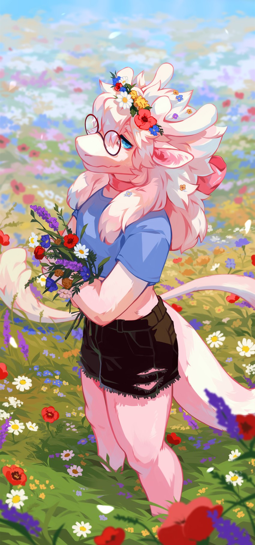 anthro antlers black_hotpants blue_clothing blue_eyes blue_shirt blue_t-shirt blue_topwear blurred_background clothed clothing daisy_(flower) dandelion eyewear female flower fur glasses grass hair hair_over_eye holding_flower holding_object horn meadow narrowed_eyes one_eye_obstructed pink_body pink_fur plant poppy_(flower) purple_flower red_flower round_glasses shirt solo standing t-shirt tail tail_tuft topwear tuft white_antlers white_flower white_hair corzh77 mythology dragon furred_dragon furred_scalie mythological_creature mythological_scalie scalie full-length_portrait hi_res portrait