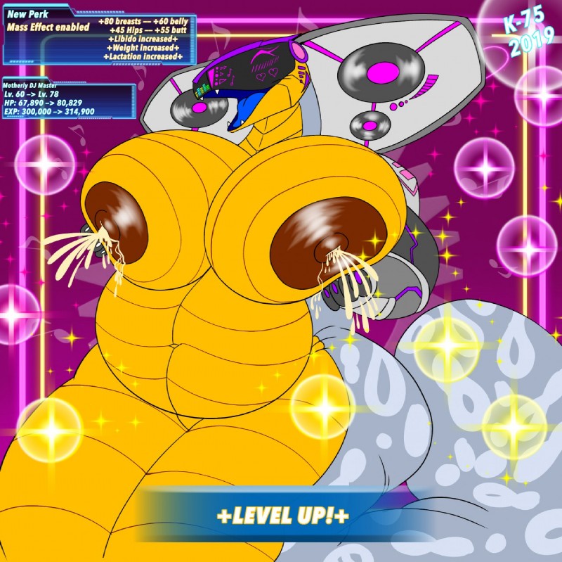 anthro apode belly big_breasts big_butt blue_tongue bodily_fluids breasts butt cybernetics disc_jockey eyes_closed fangs female gameplay_mechanics glistening holding_breast hood huge_breasts hyper hyper_breasts lactating legless level_up machine milk music musical_note musical_symbol nipples non-mammal_breasts non-mammal_nipples open_mouth overweight overweight_anthro overweight_female pink_background pink_eyes scales serpentine simple_background solo sparkles speaker stats symbol teeth tongue wide_hips yellow_belly yellow_body yellow_scales kaithunderstone75 cadenza_vivace cobra cyborg draconcopode naga reptile scalie snake 2019 hi_res