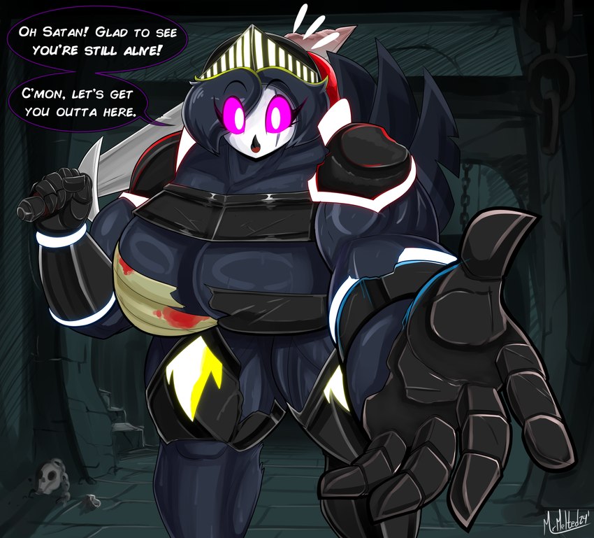 5_fingers anthro armor armored_gloves bent_over biceps big_breasts black_body black_feathers black_hair breasts broken_armor cleavage clothed clothing curvy_figure detailed_background dialogue dungeon eyelashes feathers female fingers hair headgear helmet huge_breasts knight leaning leaning_forward looking_at_viewer melee_weapon muscular muscular_anthro muscular_arms muscular_female muscular_thighs open_mouth pink_sclera reaching_out reaching_towards_viewer skimpy solo sword tail tail_feathers talking_to_viewer text thick_thighs unconvincing_armor voluptuous warrior weapon white_eyes wrappings mrmelted helluva_boss octavia_(helluva_boss) avian bird demon owl owl_demon 2024 absurd_res artist_name dated digital_drawing_(artwork) digital_media_(artwork) english_text hi_res signature