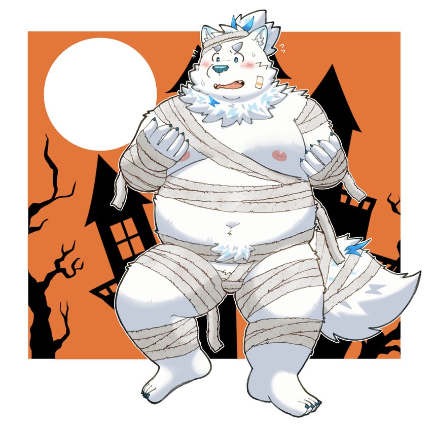 anthro belly big_belly blush clothing costume fur halloween_costume holidays kemono male moobs moon mummy_costume mummy_wrappings navel nipples open_mouth overweight overweight_male solo white_body white_fur yaki_atsuage halloween lifewonders live_a_hero yohack canid canine canis domestic_dog mammal 1:1 2024 hi_res