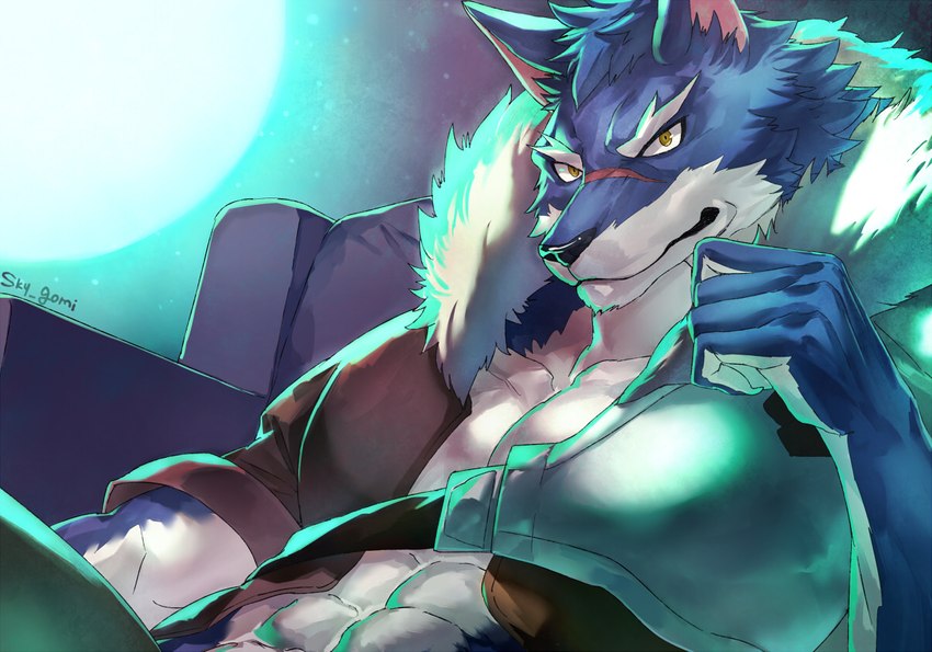 abs armor blue_body blue_fur clothed clothing facial_scar fur hair light looking_at_viewer male moonlight open_clothing open_topwear pecs scar solo topwear white_body white_fur sky_gomi the_titan's_bride baro_barows canid canine canis mammal wolf