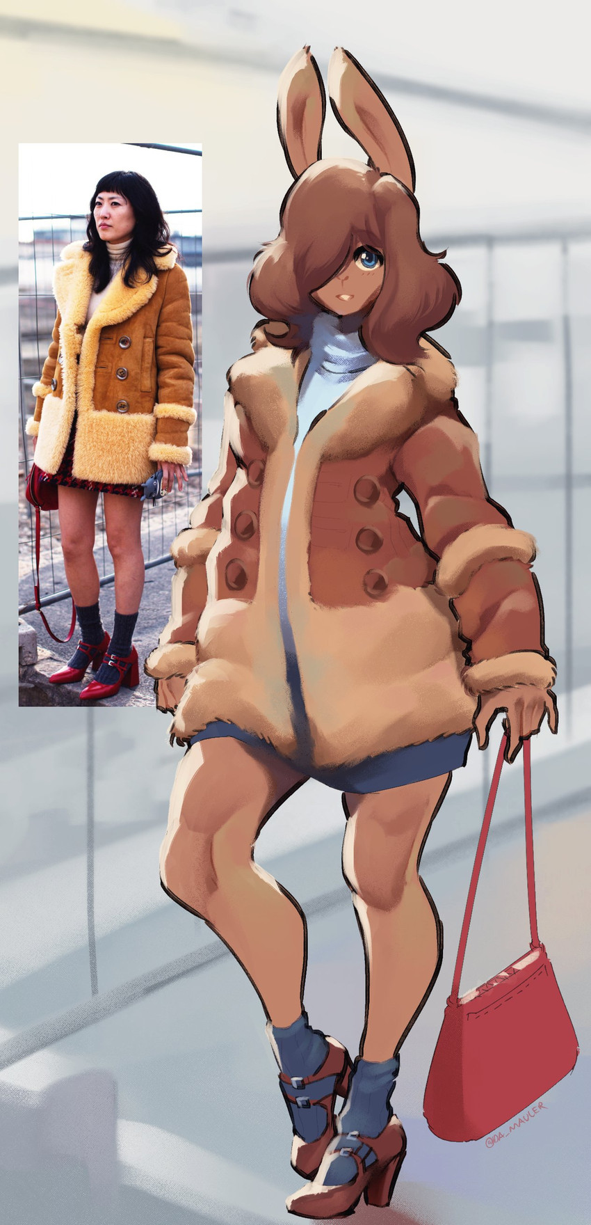 5_fingers anthro blue_eyes bottomwear brown_body brown_fur brown_hair clothed clothing coat female fingers footwear fully_clothed fur hair hair_over_eye high_heels looking_at_viewer one_eye_obstructed purse reference_image shoes skirt socks solo standing sweater topwear turtleneck spikedmauler brianne_(spikedmauler) human lagomorph leporid mammal rabbit 2020 absurd_res hi_res signature