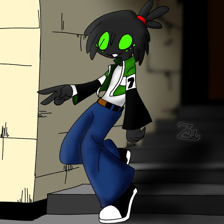 anthro belt black_body bottomwear clothing dreadlocks footwear green_eyes jacket male multi_eye pants shirt shoes solo stairs topwear penguinboyo arachnid arthropod spider hi_res