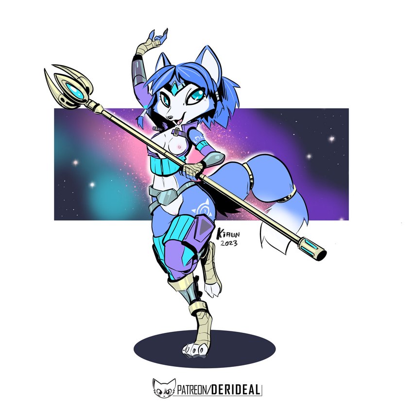 armor blue_eyes blue_hair breasts claws clothing cosmos detailed_background ears_up female fluffy fluffy_tail fur fur_markings gem gloves hair handwear happy letters markings on_one_leg paws scepter shadow simple_background solo standing star symbol tail teeth text tongue weapon white_background kiaun derideal nintendo star_fox krystal_(star_fox) canid canine fox mammal 1:1 2023 colored digital_drawing_(artwork) digital_media_(artwork) english_text hi_res shaded signature url