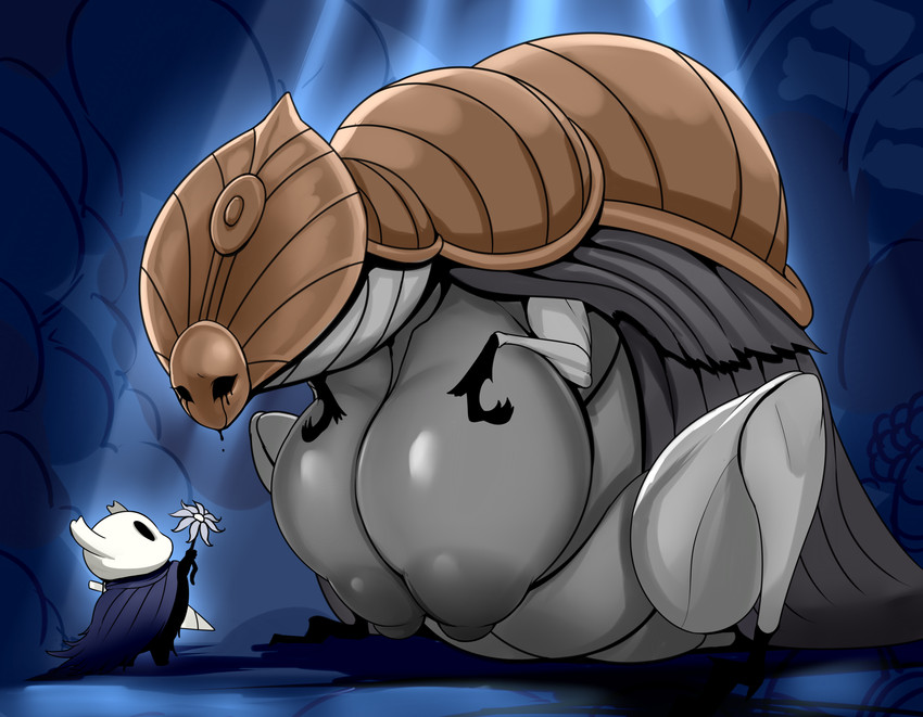 anthro areola big_areola big_breasts bodily_fluids breasts crying duo female flower huge_breasts larger_female male male/female nipples non-mammal_breasts overweight plant sitting size_difference smaller_male tears ber00 hollow_knight team_cherry godseeker_(hollow_knight) the_knight_(hollow_knight) arthropod insect vessel_(species) absurd_res hi_res