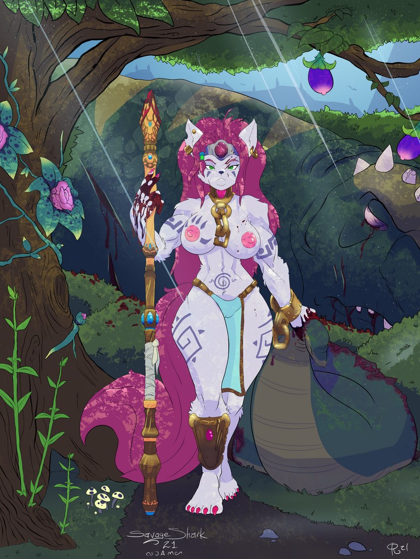 anthro areola blood bodily_fluids breasts claws clothed clothing death detailed_background dragging_object ear_piercing ear_ring female fluffy fluffy_tail fur genitals green_body green_eyes hair holding_object holding_weapon melee_weapon muscular muscular_female nipples partially_clothed piercing pink_areola pink_body pink_fur pink_hair pink_nipples polearm pussy ring_piercing solo spear tail tattoo weapon white_body white_fur savageshark bucky_o'hare_(series) jenny_(bucky_o'hare) domestic_cat felid feline felis mammal reptile scalie 3:4 hi_res