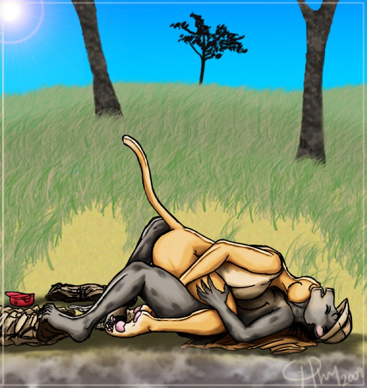 africa anthro black_body black_fur black_hair blonde_hair breasts clothing duo female female/female fur hair nude orange_body orange_fur tail transformation water amara_burrger fernin felid human hyena lion mammal pantherine spotted_hyena 2009