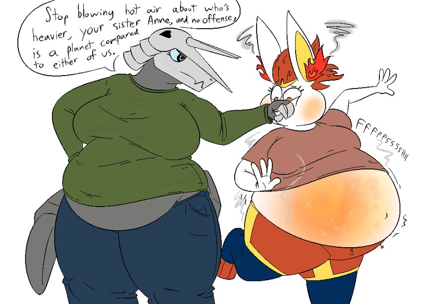 2_horns 4_fingers air_inflation anthro belly big_belly big_breasts biped black_heart black_text blue_bottomwear blue_clothing blue_jeans blue_legwear blue_pants blue_sclera blue_stockings bottomwear breasts brown_clothing brown_shirt brown_topwear clothed clothed_anthro clothed_female clothing covering covering_mouth denim denim_bottomwear denim_clothing describing_another describing_size dialogue duo eyelashes female female_anthro fingers fire fire_from_ears fire_inflation front_view fur green_clothing green_sweater green_topwear grey_body grey_tail hair heart_(marking) horn humor inflation inflation_fetish jeans legwear literal markings name_in_dialogue navel navel_outline obese obese_anthro obese_female on_one_leg outie_navel overweight overweight_anthro overweight_female pants pokemorph pun rabbit_ears red_bottomwear red_clothing red_eyes red_hair red_shorts red_toes shirt shorts simple_background snout_grab sound_effects speech_bubble standing steam stockings sweater tail talking_to_another text toeless_legwear toeless_stockings topwear translucent translucent_belly vowelless vowelless_sound_effect white_background white_body white_ears white_fur yellow_inner_ear thatoneaceguy nintendo pokemon elizabeth_(thatoneaceguy) mona_(thatoneaceguy) aggron cinderace elemental_creature generation_3_pokemon generation_8_pokemon lagomorph mammal metal_creature mineral_fauna pokemon_(species) 2020 aliasing colored digital_drawing_(artwork) digital_media_(artwork) english_text portrait three-quarter_portrait