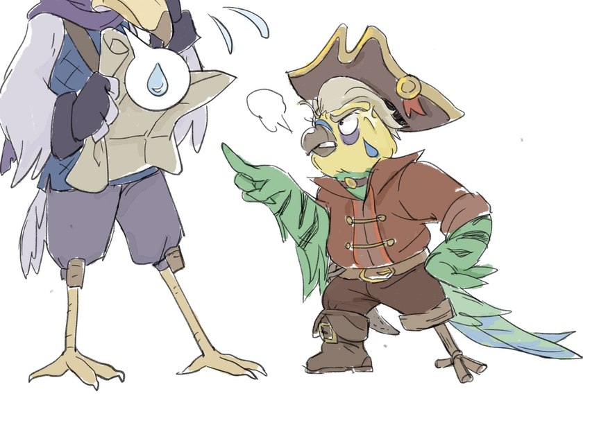 angry anthro bodily_fluids boots clothed clothing footwear gesture hand_gesture pegleg pirate pirate_hat pointing shoes sweat sweatdrop crystaltaco7 foretales pattenbois_(foretales) volepain_(foretales) avian bird parrot pelecaniform shoebill hi_res