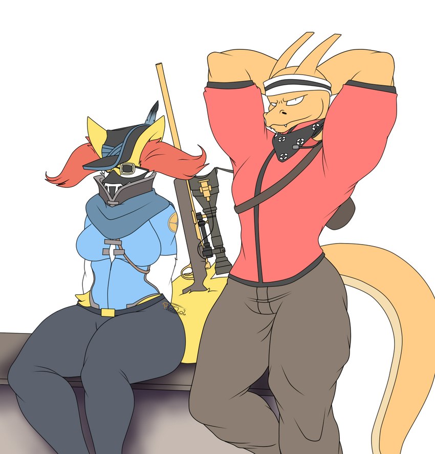 anthro bottomwear breasts clothed clothing duo female gun hat headgear headwear kerchief male male/female muscular muscular_anthro muscular_male object_in_tail pants ranged_weapon rifle simple_background sitting tail tail_storage trash weapon photolol.03 mythology nintendo pokemon team_fortress_2 valve scout_(team_fortress_2) sniper_(team_fortress_2) braixen canid canine canis charizard dragon generation_1_pokemon generation_6_pokemon mammal mythological_creature mythological_scalie pokemon_(species) scalie hi_res