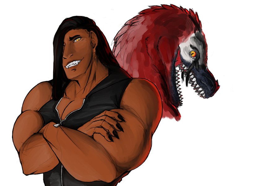 black_body black_feathers black_hair black_scales claws clothed clothing feathers feral hair long_hair male open_mouth pupils red_body red_feathers scales sharp_teeth simple_background slit_pupils solo teeth topwear vest white_background white_body white_feathers yellow_eyes neko-faust dinosquad victor_veloci dinosaur dromaeosaurid feathered_dinosaur feathered_scalie human mammal prehistoric_species reptile scalie theropod velociraptor headshot_portrait portrait