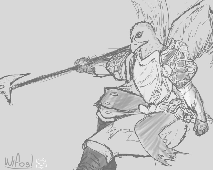 ambiguous_gender anthro armor beak clothing grey_background simple_background solo weapon wings wifos! elden_ring fromsoftware guardian_(elden_ring) avian 5:4 greyscale monochrome sketch