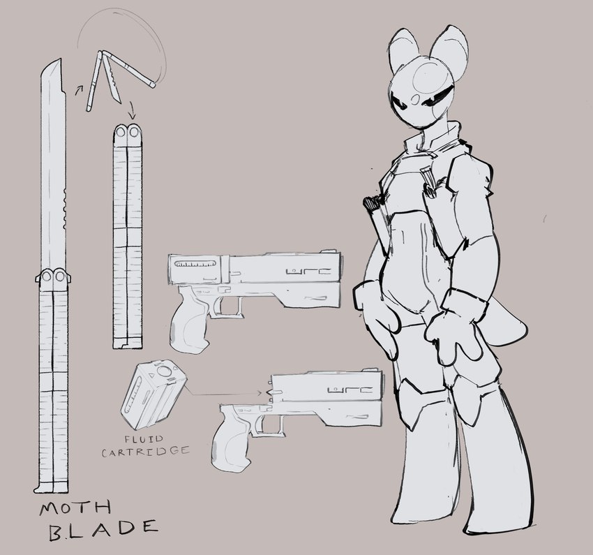 3_fingers anthro biped butterfly_knife clothed clothing female fingers gun knife markings ranged_weapon simple_background solo space_armor spacesuit spots spotted_body tail text weapon peculiart vyze_(peculiart) alien unknown_species 2023 english_text hi_res model_sheet female_(lore)