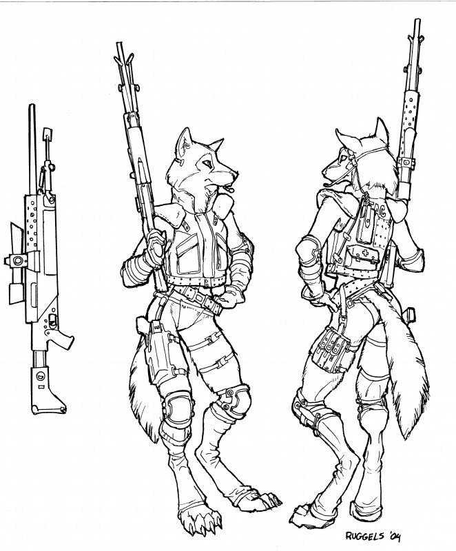 4_toes anthro bag belt bikini biped bulletproof_vest claws clothed clothing digitigrade electronics feet female fully_clothed furgonomics futuristic gloves gun handgun handwear headgear headphones headset holding_gun holding_object holding_ranged_weapon holding_weapon holster inks inner_ear_fluff medkit pistol ranged_weapon rifle side_view simple_background sniper solo standing swimwear tail tail_clothing toe_claws toes topwear tuft two-piece_swimsuit vest weapon white_background scott_ruggels asheru canid canine canis mammal wolf 2004 absurd_res black_and_white hi_res model_sheet monochrome