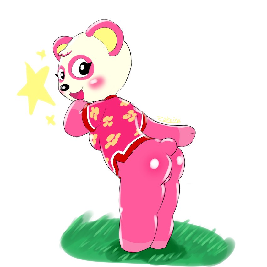 anthro blush breasts charming clothed clothing female furniture grass lamp partially_clothed paws pink_body pink_clothing plant slightly_chubby slightly_chubby_female sofa solo star thick_thighs zokoira animal_crossing nintendo pinky_(animal_crossing) bear giant_panda mammal 1:1 hi_res