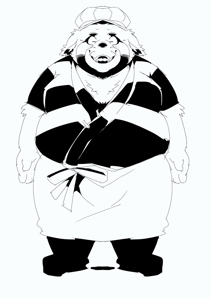 anthro apron belly big_belly biped clothing eyes_closed humanoid_hands kemono male overweight overweight_male solo sigenoya takotyutyu canid canine mammal raccoon_dog tanuki 2021 absurd_res hi_res monochrome