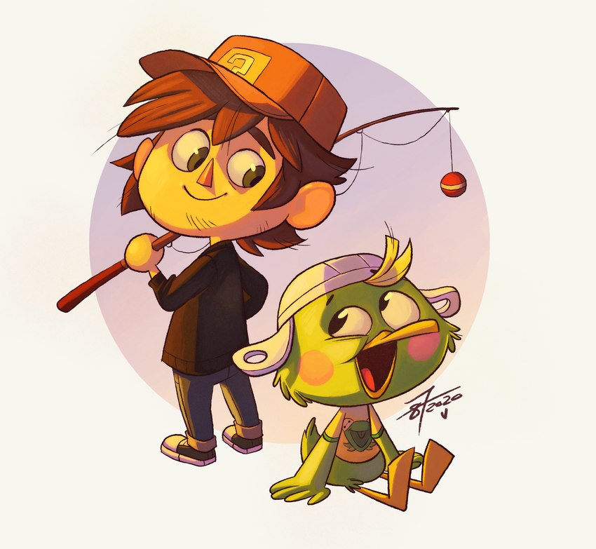 anthro beak biped brown_hair clothed clothing duo eyebrows fishing_rod hair hat headgear headwear holding_fishing_rod holding_object male open_mouth open_smile shirt sitting smile topwear 87octane animal_crossing cc-by-nc-nd creative_commons muppets nintendo vinesauce kermit_the_frog scoot_(animal_crossing) villager_(animal_crossing) vinny_(vinesauce) avian bird human mammal 2020 absurd_res hi_res