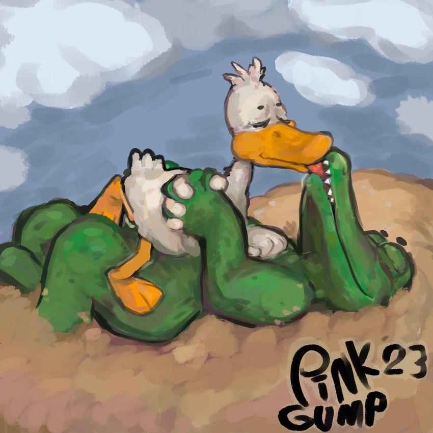 anthro beach detailed_background duo featureless_crotch french_kissing kissing lying male male/male nude on_back on_top_of_belly sand seaside pink_gump cartoon_network sitting_ducks aldo_(sitting_ducks) ed_(sitting_ducks) alligator alligatorid anatid anseriform avian bird crocodilian duck reptile scalie 1:1 2023 absurd_res artist_name digital_media_(artwork) digital_painting_(artwork) hi_res huge_filesize