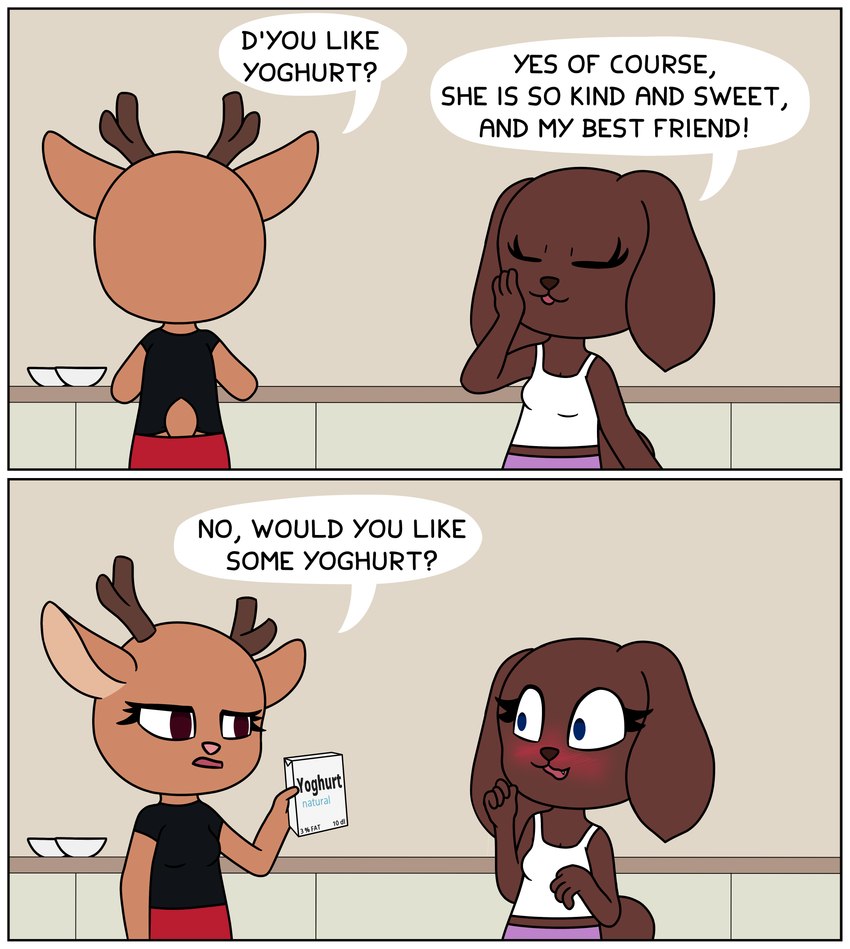 2_panel_comic 4_fingers anthro antlers asking asking_another asking_for_opinion bare_shoulders big_eyes black_clothing black_shirt black_topwear blue_eyes blush border bottomwear breasts brown_body brown_fur brown_nose cleavage clothed clothing crop_top cute_fangs dairy_products describing_another dialogue dog_ears dog_tail duo embarrassed eye_contact eyelashes fangs female fingers food fully_clothed fur holding_object horn humor inside kitchen looking_at_another metric_unit midriff no_pupils offering_food open_mouth pink_nose purple_bottomwear purple_clothing purple_shorts question red_body red_eyes red_skin scut_tail shirt short_tail shorts small_iris smile standing tail talking_to_another tank_top teeth text topwear white_border white_clothing white_shirt white_tank_top white_topwear yes-no_question yogurt pazymomo evelyn_(pazymomo) ferra_(pazymomo) bird_dog canid canine canis cocker_spaniel deer domestic_dog hunting_dog mammal new_world_deer reindeer spaniel 2022 absurd_res comic digital_drawing_(artwork) digital_media_(artwork) english_text flat_colors hi_res